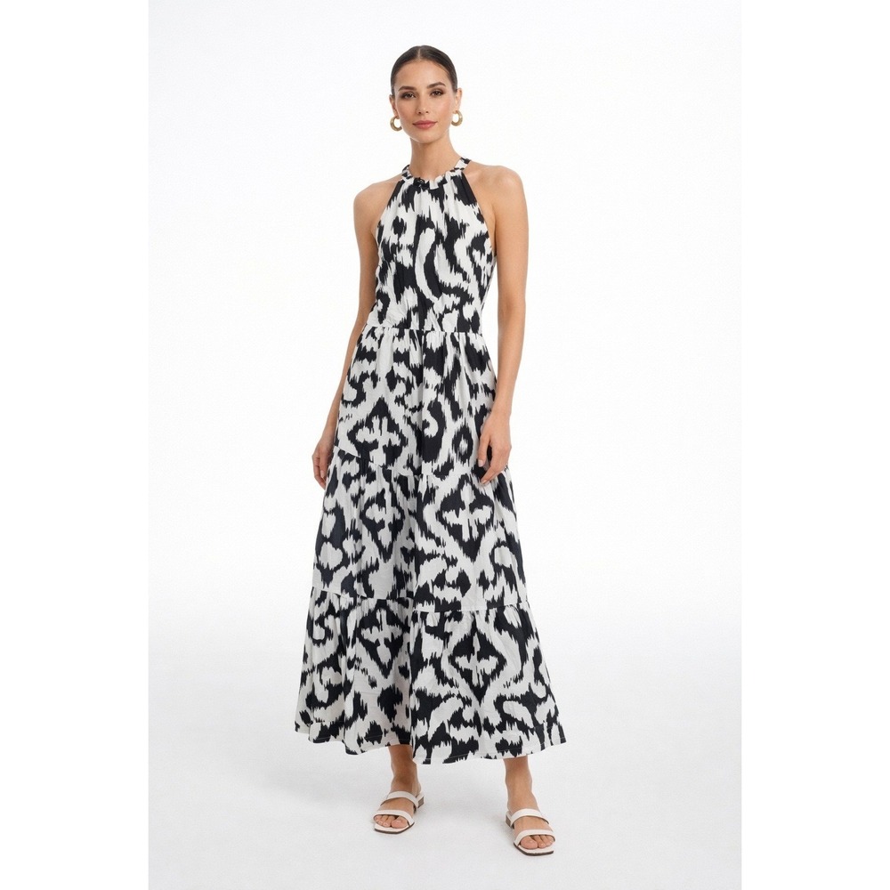 Long Tall Sally Halter Maxi Dress Black White Ikat Tiered Cotton US 6 Tall NEW